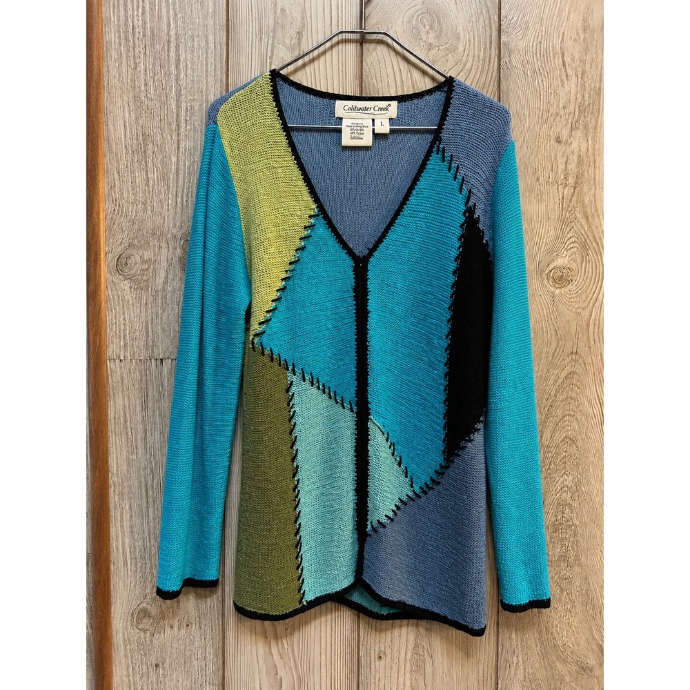 Coldwater Creek Womens Large Blue Green Patchwork zipper Sweater Whipstitch